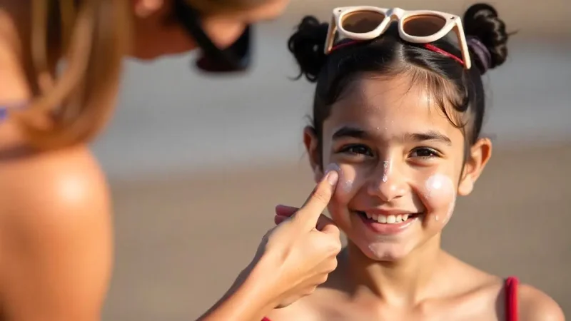 Mother applying sunscreen on her daughter's face
